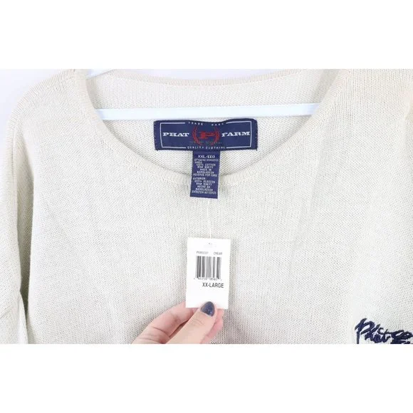 NOS Vtg Phat Farm Mens 2XL Striped Spell Out Script Marled Knit Sweater Cream